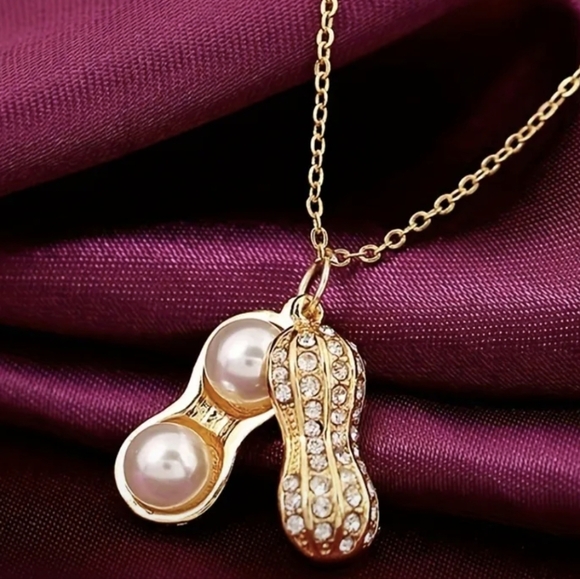 14K Gold Plated Diamond Peanut Pearl Pendant Necklace - Picture 1 of 4